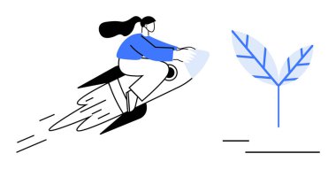 Roketin üstünde uçan bir kadın, hırs ve gelişimi somutlaştırıyor. Büyüyen bir yaprak sürdürülebilirlik ve yenilik önerir. Büyüme, başarı, yaratıcılık, hırs, yenilik, sürdürülebilirlik girişimi için ideal