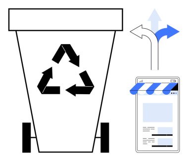Geri dönüşüm kutusu, geri dönüşüm simgesi, yön okları, çevrimiçi depolama sayfası işaretli. Atık yönetimi, eko-bilinç, iş, çevre, teknoloji karar verme sürekliliği için idealdir. Düz