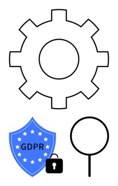 Dişlileri sembolize eden ayarlar, gizlilik için kilitlenmiş GDPR kalkanı, denetim veya analiz için büyüteç. Veri koruması, uyum, güvenlik, denetim ve gizlilik teknolojisi için ideal. Düz basit