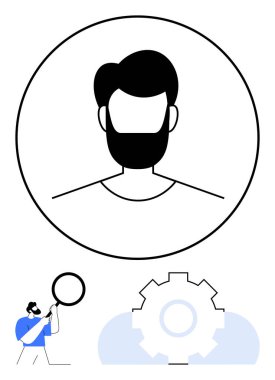 Profil avatarı, büyüteç ve kimlik, arama, optimizasyon ve kişiselleştirme görevlerini temsil eden ekipmanlar. Teknoloji, yönetim, analiz kullanıcı deneyimi kişiselleştirmesi için ideal