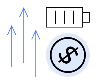 Pil enerjiyi simgeler, büyümek için yukarı doğru oklar, ve finansal kazanç için dolar işareti. Enerji, sürdürülebilirlik, finans, iş büyümesi, ekonomik eğilimler, yenilikçi düz metafor için ideal