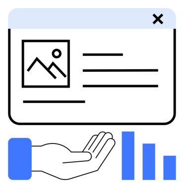 Resim önizlemesini gösteren pencere, metin bilgisi, sembolik desteği simgeleyen desteğin altında açık el, veri analizi için çubuk çizelgesi. İşbirliği, yönetim, yaratıcılık, planlama, analiz verileri için ideal