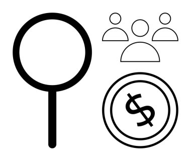 Keşif için büyüteç, finans için dolar işareti ve takım çalışmasını sembolize eden ikonlar. Daire içinde araştırma, analiz, takım çalışması, yatırım, ekonomi, soruşturma ve bağlantı kavramları için ideal