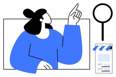 Yukarı doğru hareketler yapan bir kadın, cam büyütme sembolü ve çevrimiçi mağaza önü grafiği. Arama, keşif, online alışveriş, araştırma, keşif navigasyon kullanıcısı deneyimi için idealdir. Düz basit metafor