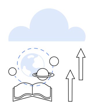 Dünya, yörüngeler ve bulutların altındaki gezegenler bilgi ve yenilik öneriyor. Bilim, eğitim, keşif, gelecek, ilham, büyüme yaratıcılığı için idealdir. Basit metafor