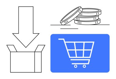 Alışveriş arabası ikonu, istiflenmiş madeni paralar, çevrimiçi satın almayı sembolize eden aşağı doğru ok ile açılan kutu. E-ticaret, dağıtım, ödeme sistemi, lojistik, perakende, iş akışı planlama işlemleri için ideal
