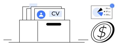 CV 'li klasör, performans içgörülerini gösteren analitik çizelge ve finansal büyümeyi temsil eden bir bozuk para. İdeal İK, işe alım, işe alım, analitik, kariyer geliştirme, finans sektörü büyümesi