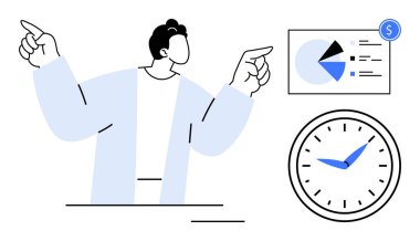 Veri tablolarına, pasta grafiklerine ve saate doğru profesyonel bir hareket. Analiz, iş stratejisi, zaman yönetimi, finansal hedefler, verimlilik optimizasyonu ve planlama sunar. Düz basit