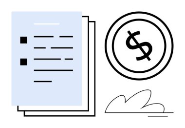 Yazılı kağıtlar, bir dolar bozuk para ve soyut aksanlar. Finans, ekonomi, raporlar, tasarruflar, yatırım planlama analizleri için ideal. Düz basit metafor