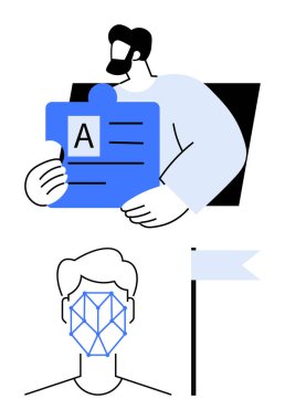 Profil kartı tutan adam, geometrik desenli yüz tarama arayüzü ve bayrak direği. Güvenlik, teknoloji, dijital kimlik, biyometri, kimlik doğrulama gizlilik yeniliği için idealdir. Temiz daire