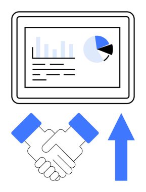 Tablet, el sıkışma ve mavi yukarı doğru ok üzerindeki veri tablosu işbirliğini, iş büyümesini, ilerlemeyi, ortaklığı, başarıyı, güveni ve analizi sembolize eder. İş dünyası takım çalışması için ideal başarı verisi