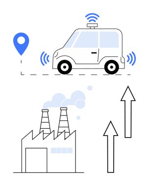 Otomatik çalışan, GPS işaretli, kablosuz sinyalli, fabrika ve yukarı bakan okları olan bir araba. Otomasyon için ideal, akıllı teknoloji, lojistik, lojistik, sürdürülebilirlik, ulaşım, kentsel planlama. Düz basit metafor