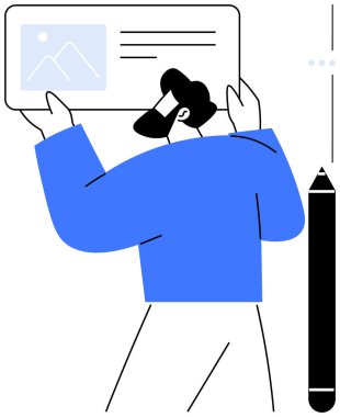 Adamın elinde görüntü ve metin olan bir tasarım düzeni var. Yaratıcılığı simgeleyen kalem. Tasarım, sunum, öğretim, beyin fırtınası, blog yazma, dijital içerik iletişimi için ideal. Düz basit metafor