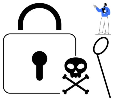 Anahtar deliği, kafatası ve çapraz kemikli büyük kilit, büyüteç ve dijital güvenlik temalarını vurgulayan sunucu figürü. Siber güvenlik, tehdit, soruşturma, hack, veri koruması için ideal