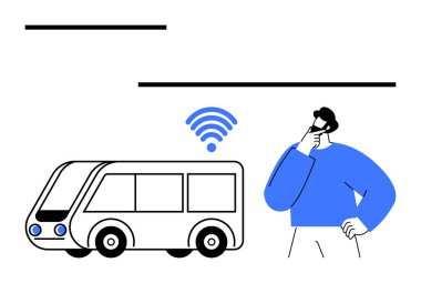 Kablosuz sembollü otobüsü dikkatle gözlemleyen, seyahat, bağlantı, yenilik, akıllı ulaşım, iletişim, kentsel hareketlilik ve dijital hizmetlerdeki modern teknolojilerin rolünü temsil eden adam