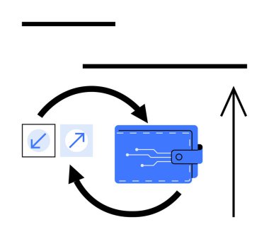 Yön sembollerinin yanında para akışını gösteren oklarla çevrili mavi dijital cüzdan. Fintech, mobil ödeme çözümleri, e-ticaret, bankacılık, dijital işlemler, çevrimiçi alışveriş için ideal