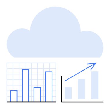 Çubuğun üzerindeki bulut ve çizgi grafikleri veri depolama, analitik ve iş büyümesini temsil ediyor. Teknoloji, iş analizi, bulut hesaplama, dijital strateji, finansal büyüme, büyük veriler için ideal