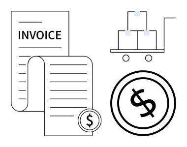 Dolar işaretli bozuk para faturası, iş ödemelerini, işlemleri, lojistikleri ve nakliyeyi simgeleyen kutularla dolu el arabası. Muhasebe, e-ticaret, finans, ticaret faturaları için ideal