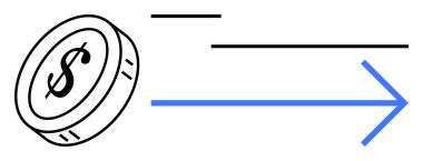 Dolar işaretli sikke mavi bir oka doğru hareket ediyor. Parasal akışı, büyümeyi ve verimliliği simgeliyor. Finans, ödeme sistemleri, iş eğilimleri, ekonomik ilerleme ve yatırım ticareti için ideal