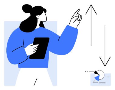 Elinde tablet tutan kadın figürü yukarı ve aşağı giden okları işaret ediyor, eğilimleri vurguluyor, odak noktasında küçük pasta grafiği var. Veri analizi, iş büyümesi, tahminler, sunumlar, araştırmalar için ideal