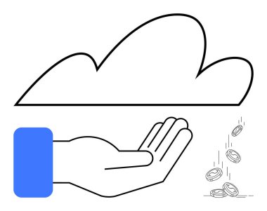 Yukarıdaki büyük bir buluttan, dijital finansmanı, çevrimiçi tasarrufu, yatırımları, bulut tabanlı geliri, fintech çözümleri ve ekonomik fırsatları sembolize eden madeni paralar geliyor. Finansal için ideal