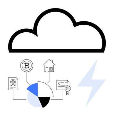 Büyük bulut halkaları pasta grafiği, bitcoin sembolü, ev, sertifikalar ve enerji yıldırımı. Veri yönetimi için ideal, bulut teknolojisi, finans, blok zinciri iş yeniliği için basit
