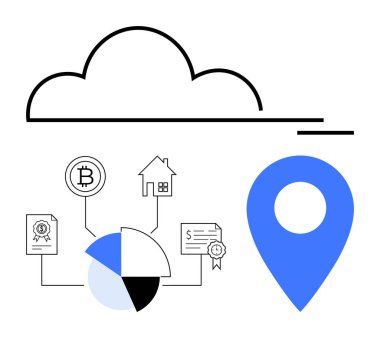 Bulut bağlantı grafiği, kripto para birimi, gayrimenkul ve konum belirleyici sertifikalar. Finans, teknoloji, analitik, ekonomi yatırımları güvenlik için idealdir. Düz basit