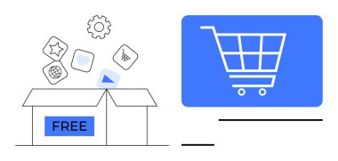 Mavi alışveriş arabasının yanında üzerinde uygulama simgeleri ve minimal tasarım teçhizatı bulunan açık kutu. E-ticaret için ideal, indirimler, dijital uygulamalar, promosyonlar, çevrimiçi mağazalar, yazılım, düz basit metafor