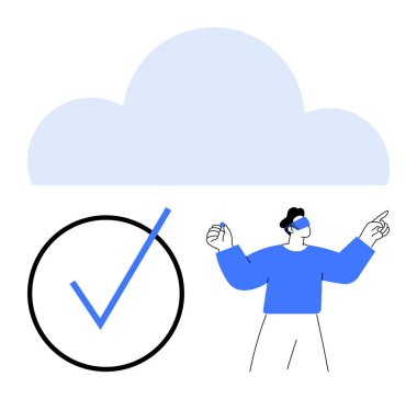 Bulut şekli, büyük işaret işareti, VR kulaklık takan adam teknolojiyle etkileşimde. Yenilik için ideal, üretkenlik, bulut hesaplama, sanal gerçeklik, teknolojik çözümler, fütüristik tasarım düzlüğü