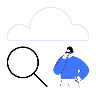 Geniş büyüteç ve bulutlarla düşünen kişi dijital arama, keşif, veri ya da fikirleri öneriyor. Teknoloji, araştırma, karar verme, bulut depolama, problem çözme için ideal