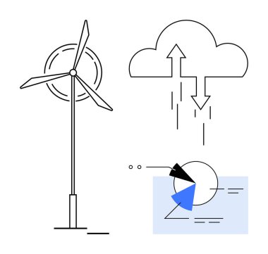 Bulut hesaplama oklarının yanında rüzgar türbini gölgeli bölümlerin yer aldığı pasta grafiği yenilenebilir enerji aktarımı, veri işleme. Enerji teknolojisi, sürdürülebilirlik, yenilik, temiz güç, analiz ve bulut için ideal