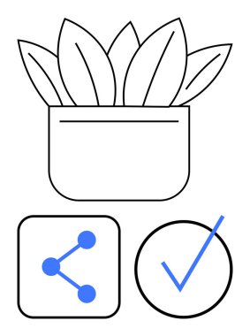 Büyük yapraklı saksı bitkisi, ağ simgesi paylaşımı ve işaretleme çemberi. Sürdürülebilirlik, doğa, onay, iletişim, bağlantı, büyüme için ideal minimum düz metafor