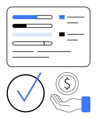 İşaretli çubuklar, mavi işaretli işaretler, bozuk para tutan bir el. Finans, verimlilik, hedef izleme, bütçe belirleme, analitik görev öncelikleri ve yönetim kavramları için idealdir. Düz