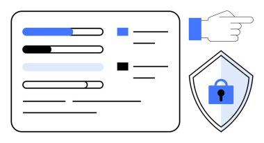 Veri yönetimi arayüzünde ilerleme çubukları, işaret eden bir el ve asma kilitli bir kalkan. Veri yönetimi, güvenlik, ilerleme izleme, gizlilik, siber güvenlik, iş analizi iş akışı için ideal