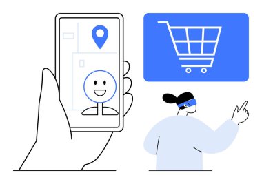 Navigasyon simgesi ve avatarlı akıllı telefon dijital alışveriş arabası ve AR kulaklıklı kullanıcı. E-ticaret, sanal gerçeklik, navigasyon, uygulama tasarımı, yenilik, teknoloji fütüristik