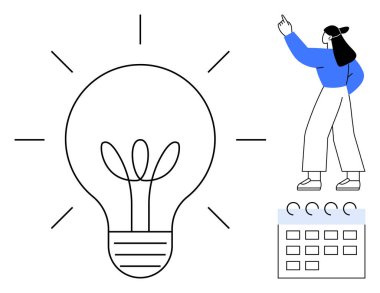 İçinde bitki olan ampul takvimi gösteren bir kadının yanında ilham yayar. Yenilik, takım çalışması, programlama, üretkenlik, yaratıcılık, beyin fırtınası, planlama hedefleri için idealdir. Düz