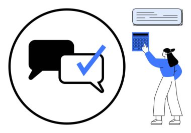 Bir çemberin içinde iki konuşma baloncuğu ve işaretli hesap makinesine basan kişi. İletişim, problem çözme, takım çalışması, onay, muhasebe, karar verme, üretkenlik için ideal. Düz basit