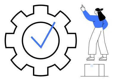 Başarı ve optimizasyonu sembolize eden işaretli bir vites, yukarı bakan bir kadın. Takım çalışması, yenilik, başarı, üretkenlik, iş akışı, iş süreci stratejisi için idealdir. Düz basit metafor