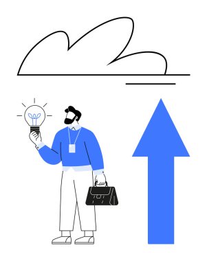 Elinde parlak bir ampul ve evrak çantası olan bir adam soyut bulutların altında yukarı doğru büyük bir okla duruyordu. Yenilik, büyüme, yaratıcılık, çözümler, liderlik, ilerleme ve iş için idealdir. Düz