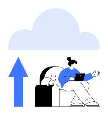 Kanepede dizüstü bilgisayar tutan bir kadın, yanında kedi, bulutu gösteren büyük mavi bir ok. Bulut depolama, veri paylaşımı, uzak çalışma, dijital yaşam, teknoloji, kullanıcı arayüzü için ideal