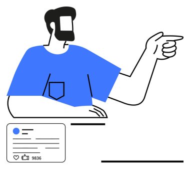 Mavi gömlekli bir adam, sosyal medya arayüzü eşliğinde parmağıyla işaret ediyor. Kavramların ideali iletişim, bağlılık, etkileşim, nüfuz, sosyal