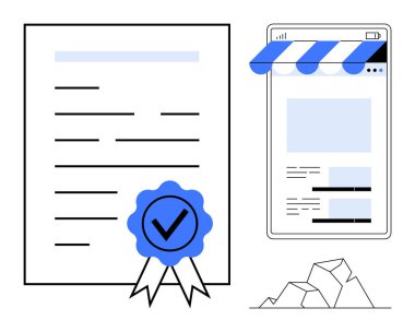 Onay kurdeleli sertifika, mobil mağaza arayüzü ve geometrik şekiller. Sertifika, e-ticaret, çevrimiçi onay, eğitim, işletme, kalite güvencesi ve politika için ideal