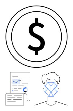 Çemberde dolar işareti, biyometrik yüz ızgarası ve belgelerde veri tabloları. Finans, biyometri, dijital güvenlik, veri analizi, yenilik ekonomisi fintech için idealdir. Düz basit metafor