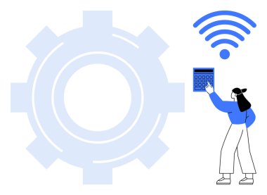 Önde gelen ekipmanların yanında kablosuz sinyal altında hesap makinesi kullanan bir kadın. Teknoloji, finans, eğitim, yenilik, dijital araçlar, otomasyon, takım çalışması kavramları için idealdir. Düz basit metafor
