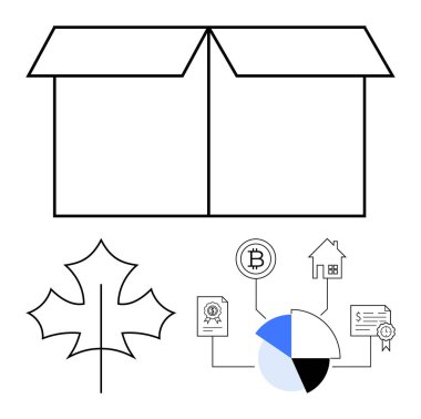 Açık kutu, akçaağaç yaprağı, Bitcoin 'li pasta grafiği, mülk, dokümanlar çevre dostu yatırım bağlantılarını gösteriyor. Finans, engelleme zinciri, sürdürülebilirlik ve çevre planlama için ideal minimum