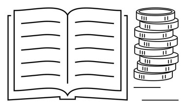Para yığınının yanında görünür metin satırları olan açık bir kitap, eğitim, finansal başarı ve kişisel büyüme arasındaki bağlantıyı sembolize ediyor. Öğrenim, finans, eğitim, tasarruf için ideal