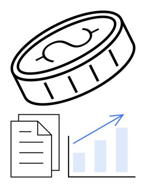 Belgelerin üzerinde büyük para ve yukarı doğru oklu bar tablosu. Finans, yatırım, analiz, büyüme, ekonomi, kâr, pazarlama için ideal. Düz basit metafor