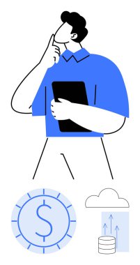 Tablet tutan ve dolar işareti, bulut ve veri yığını simgelerine yakın bir strateji düşünen adam. Finans, yenilik, teknoloji, iş büyümesi, planlama, karar verme yatırım kavramları için ideal