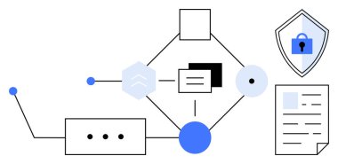 Geometrik şekiller ve birbirine bağlı çizgiler ile bir kilit ve bir belge içeren bir kalkan. Siber güvenlik, veri koruması, bilgi akışı, dijital güvenlik, ağ güvenliği için ideal