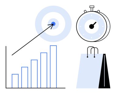 Hedefi tutturmak için bar tablosu yükseliyor, kronometre saat izleme zamanı, alışveriş torbası ticareti simgeliyor. İş stratejisi, başarı, zamanlama, perakende satış, üretkenlik ve odaklanma için ideal